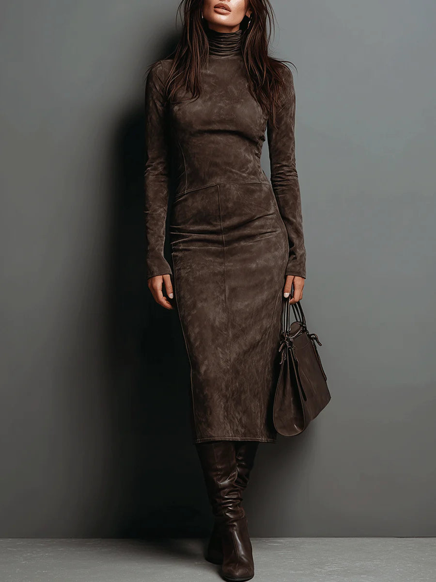 The Anya | Suede Mock Neck Midi Dress