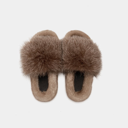 ASPEN | Fox Fur Slipper with Mink Trim (Camel)