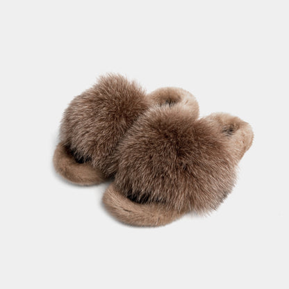 ASPEN | Fox Fur Slipper with Mink Trim (Camel)