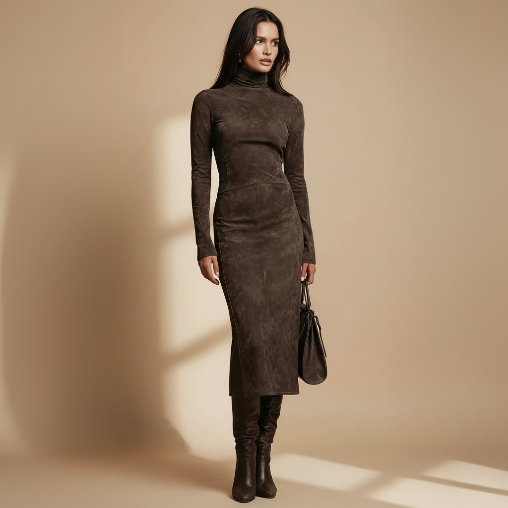 The Anya | Suede Mock Neck Midi Dress